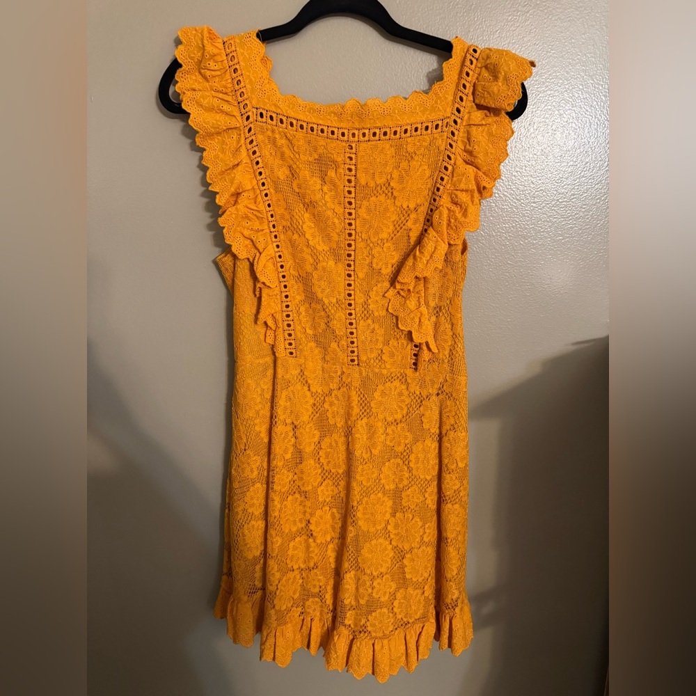Selfie Leslie Lace Dress Marigold Yellow Ruffle Sleeve Midi USA L